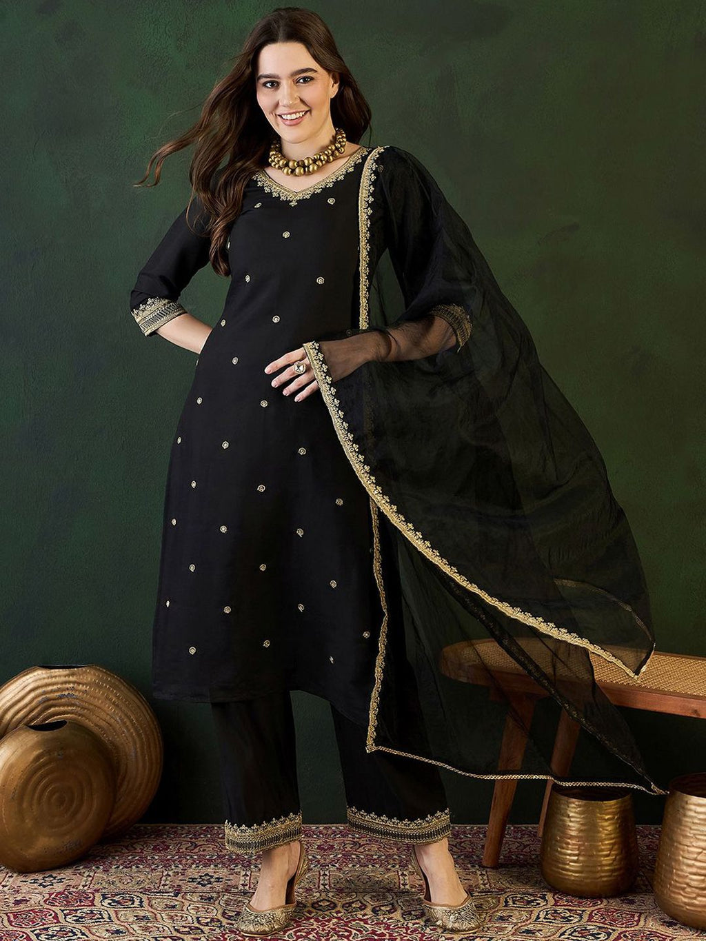 Sangria Zari Sequence Embroidered Straight Kurta & Trousers With Dupatta | Grocsy
