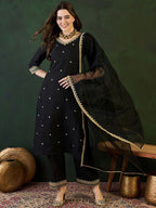 Sangria Zari Sequence Embroidered Straight Kurta & Trousers With Dupatta | Grocsy