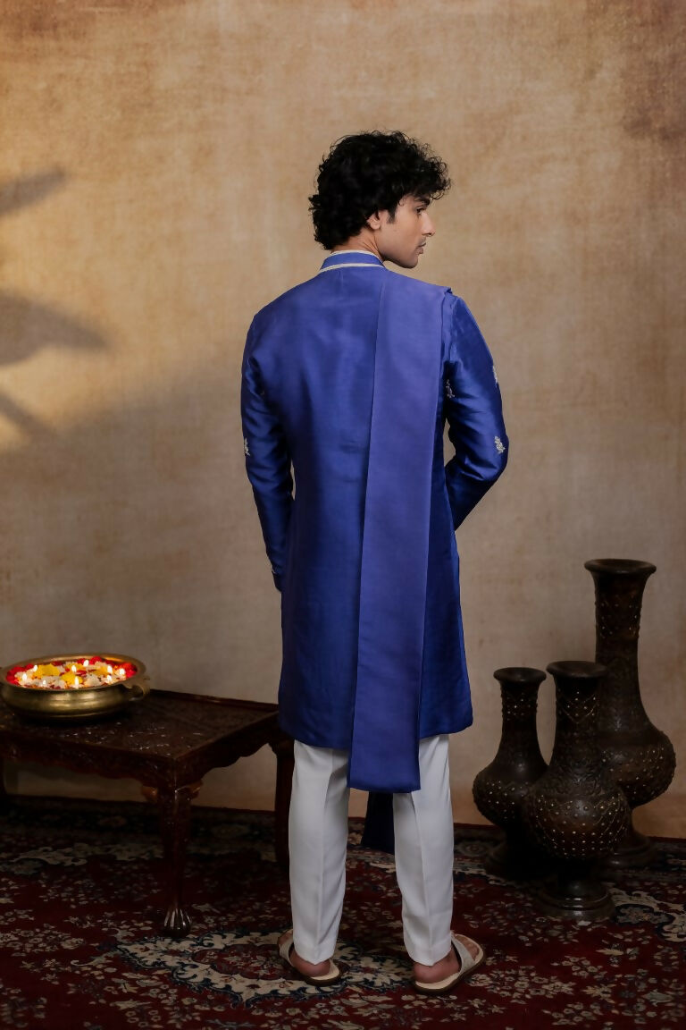Falling Raw Silk Dark Blue Silver Stitches Kurta Set By Hilo Design | Grocsy
