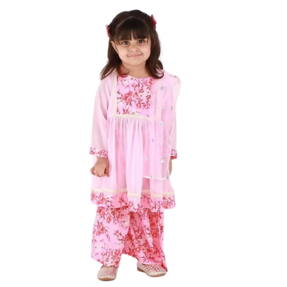 Little Bansi Girls Pink Floral print Kurta Frock with Floral Plazzo and Dupatta | Grocsy