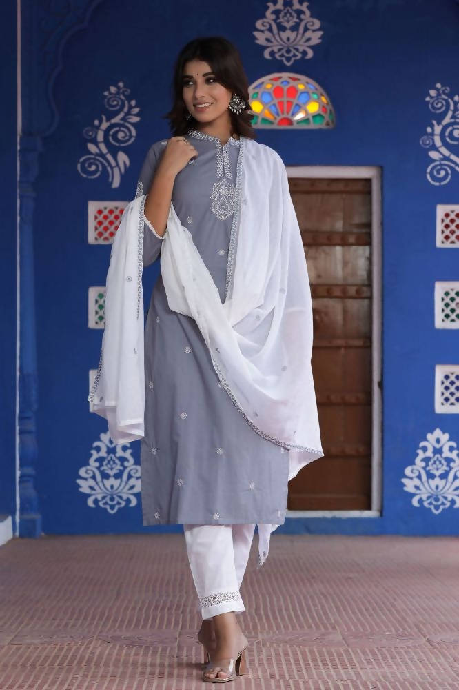 Yufta Kurta Women Grey & White Embroidered Kurta with Palazzo & Dupatta | Grocsy