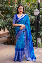 Blue Jute Silk Ethnic Motifs Saree with Unstitched Blouse - A2M | Grocsy