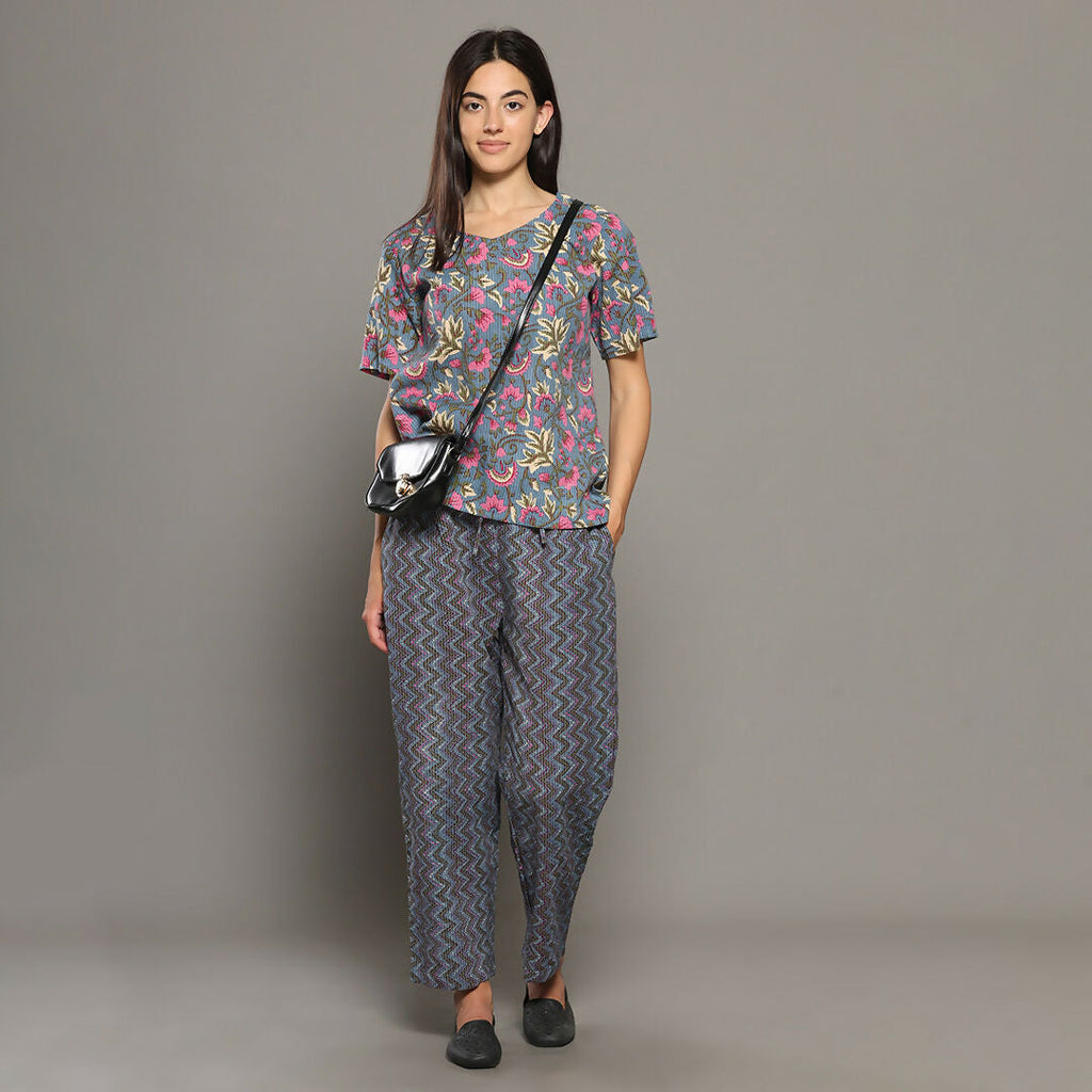 Breathables Women Cotton Printed Loungewear Kurta And Pants Co-Ord Set With Crop Top Grey I Nightwear | Grocsy