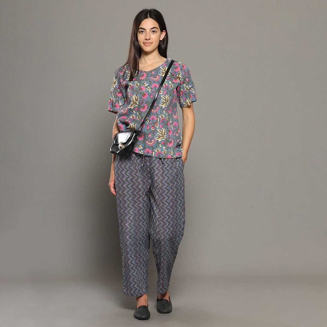 Breathables Women Cotton Printed Loungewear Kurta And Pants Co-Ord Set With Crop Top Grey I Nightwear | Grocsy