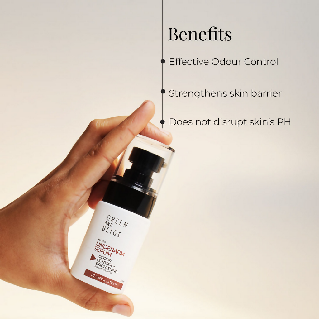 Green And Beige Rectifio Underarm Serum For Odour Control & Brightening - Peony Litchi Scented | Grocsy