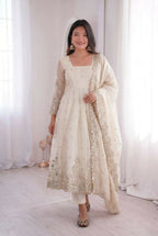 Teeya Creation Womens New Latest Trendy Elegant White Embroidered Anarkali Suit Set with Scalloped Dupatta | Grocsy