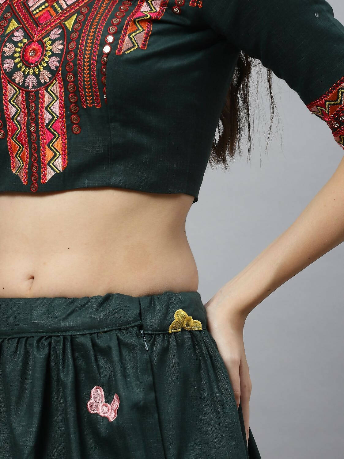 Dark Green Cotton Embroidered Work Lehenga Choli with Dupatta - Jivika | Grocsy