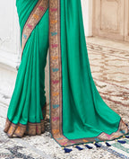 Sea Green Vichitra Solid Saree With Unstitched Blouse Piece - Juhi | Grocsy