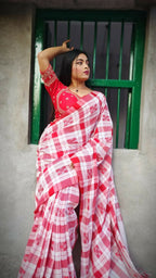Exclusive Collection Beautiful Check Red Pure Cotton Woven Handloom Saree With Running Blouse Piece | Grocsy