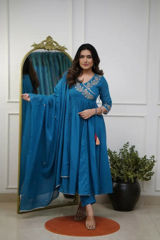 The52 Petrol Women's Beautiful Parampara Fabric Embroidered Work Flared Kurta Pant and Dupatta Set | Grocsy
