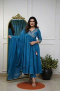 The52 Petrol Women's Beautiful Parampara Fabric Embroidered Work Flared Kurta Pant and Dupatta Set | Grocsy
