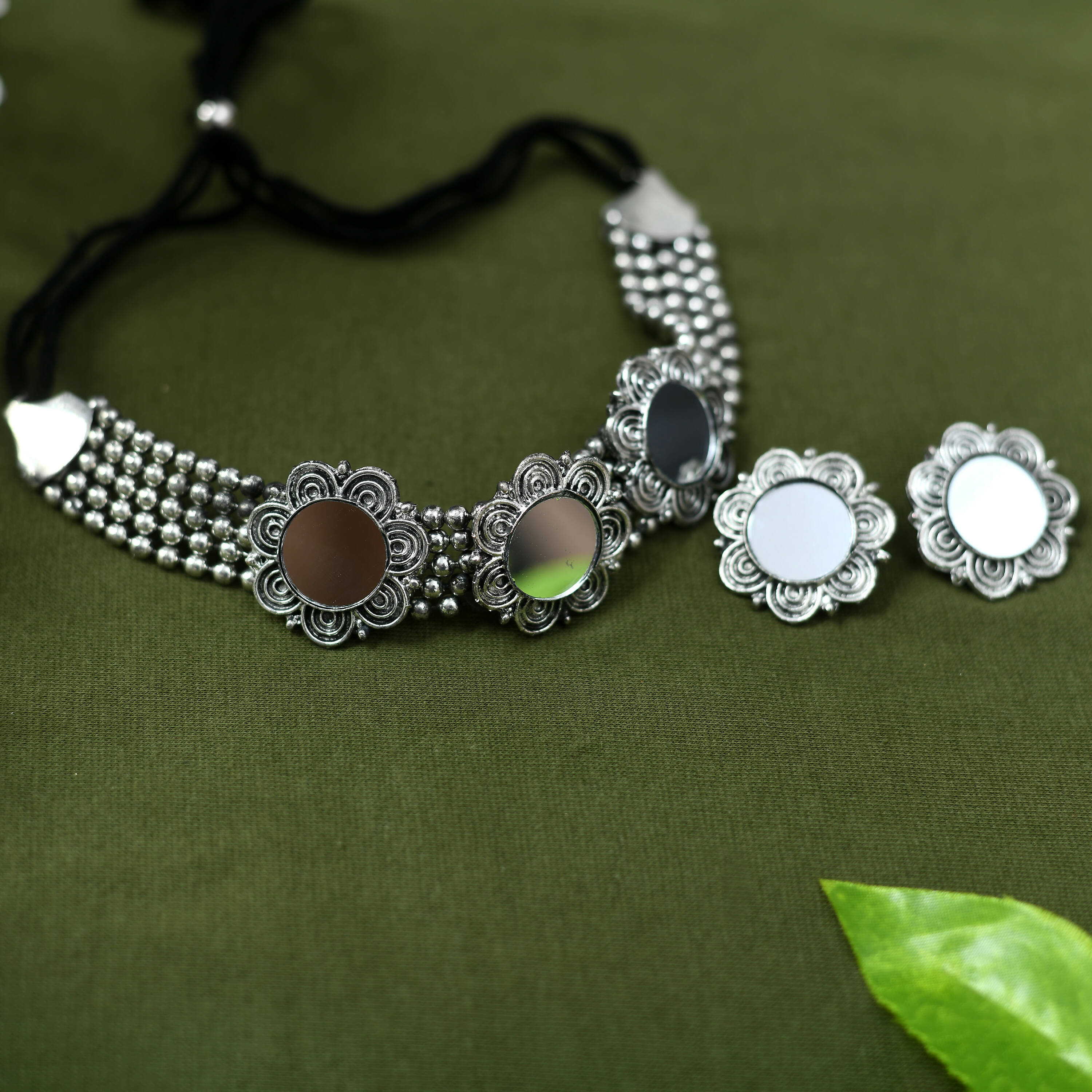 Mominos Fashion Johar Kamal Oxidised Silver-Plated Mirror Design Necklace Choker Set For Women | Grocsy