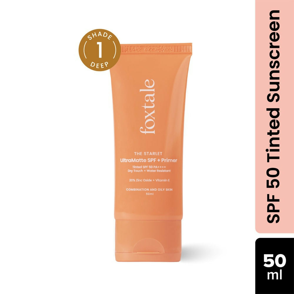 Foxtale Tinted Sunscreen SPF 50 PA++++ & Primer Shade 1 - Deep, Water Resistant with Dry-Touch Finish, Blurs Out Pores | Grocsy
