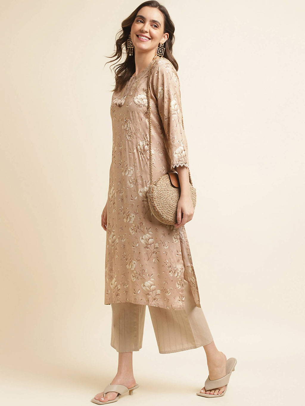 Beige Poly Rayon Floral Printed Straight Kurta - Prasuti | Grocsy
