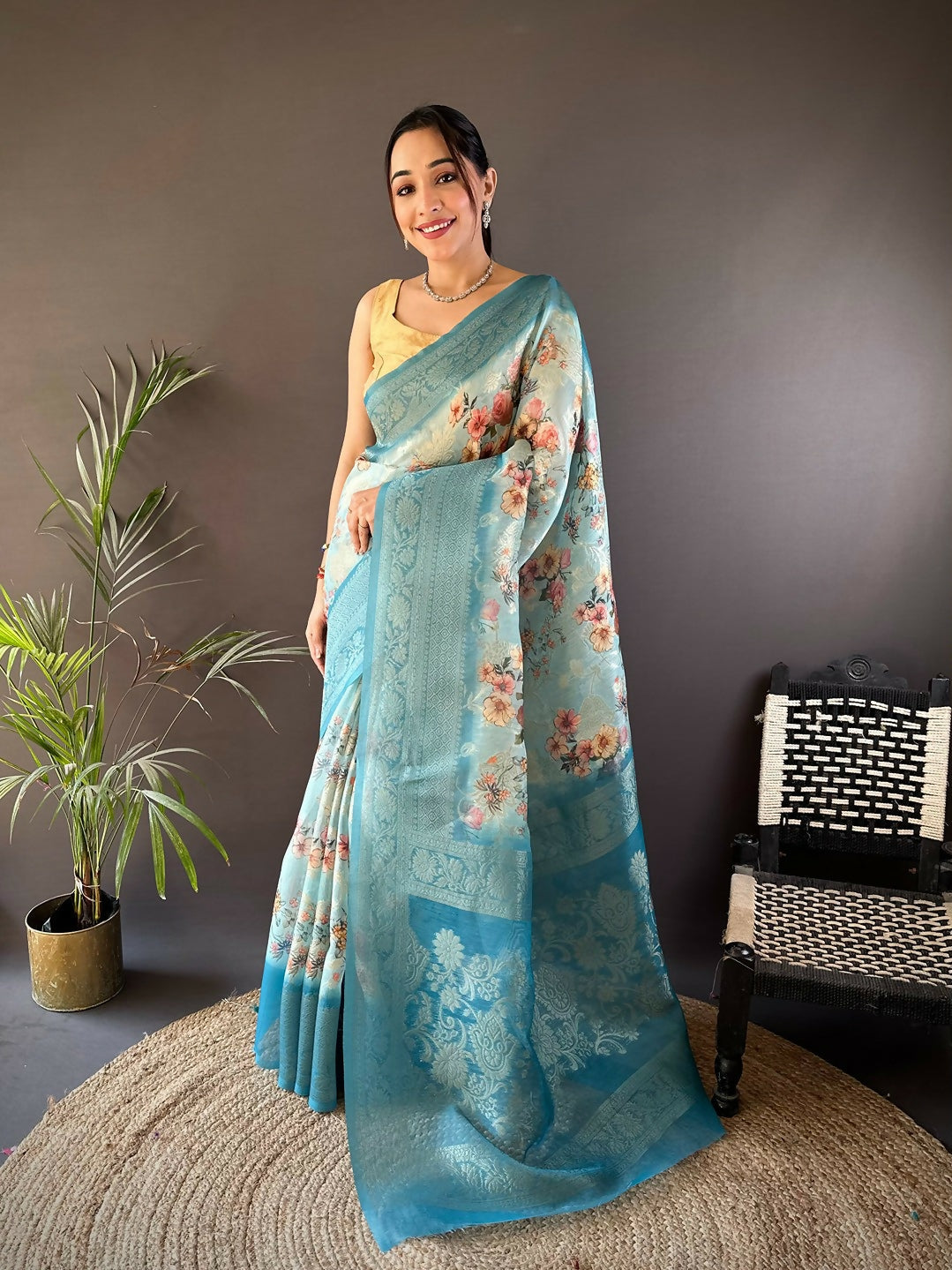 Joban Fashion Sky Blue Floral Motifs Banarasi Silk Sarees | Grocsy