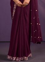 Wine Crepe Satin Silk Embroidered Saree With Stitched Blouse - Mohmanthan Exotica | Grocsy