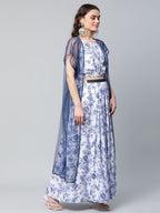 Ahalyaa Women Blue Crepe Printed Top with Skirt with Net Overlay | Grocsy
