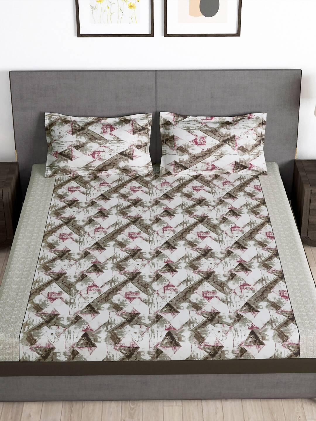 Story@home Brown & Pink Abstract Microfiber 180 TC Bedsheet With Pillow Cover | Grocsy
