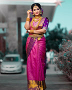 DEIANA'S Beautiful Designer Golden zari Soft Lichi Silk Saree - Pink | Grocsy