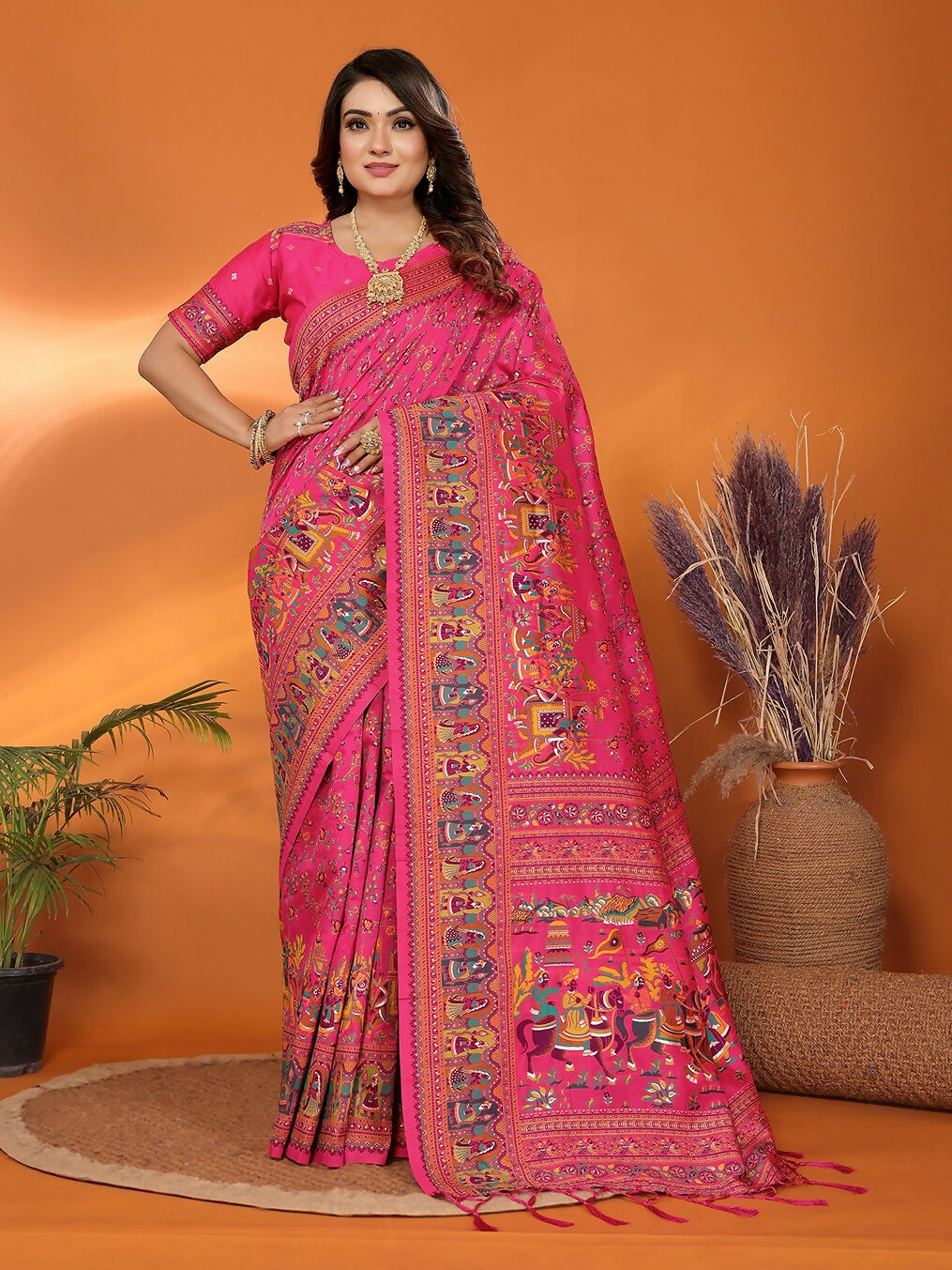 Joban Fashion Pink Meena Weaves Pashmina Sarees | Grocsy