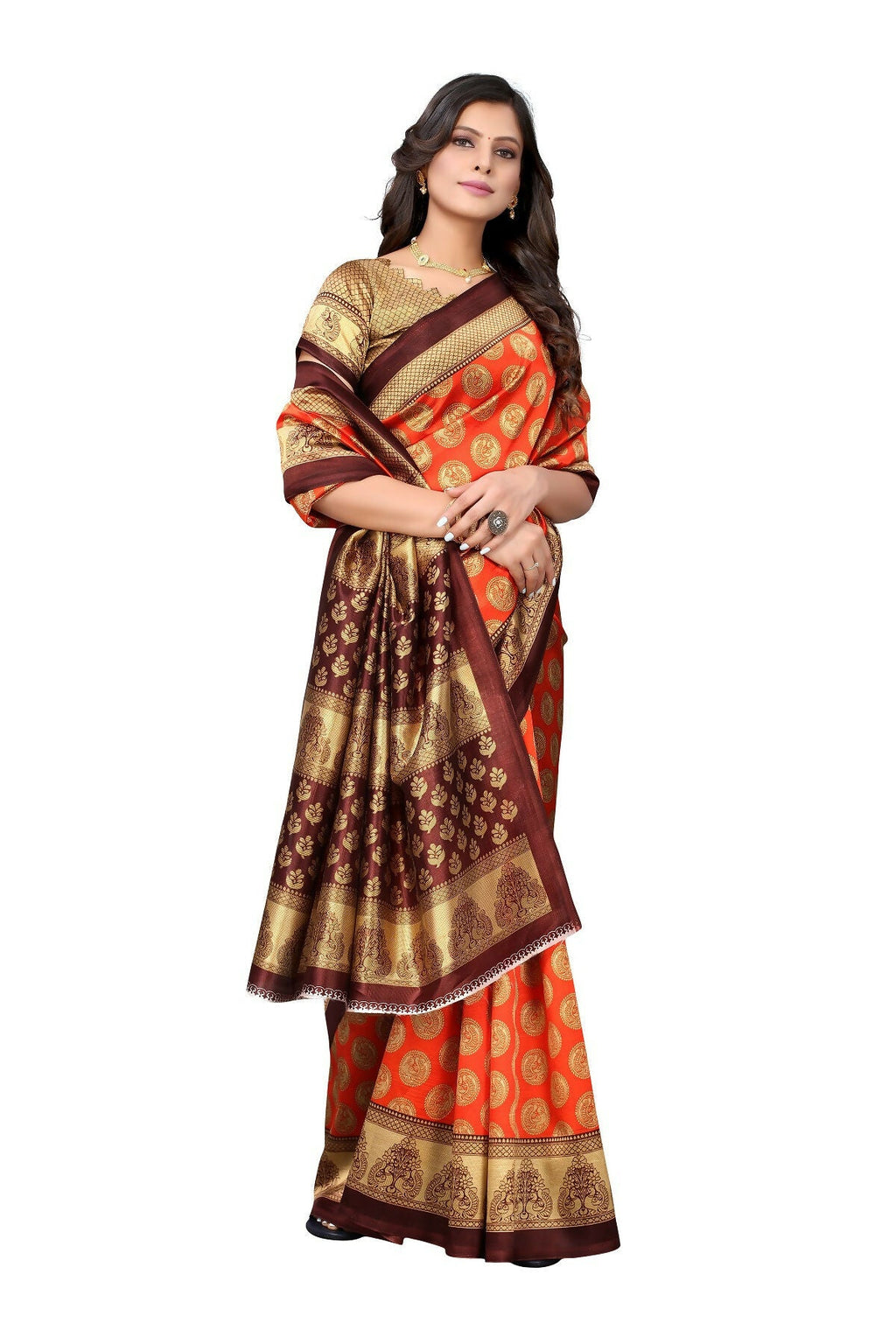 Vamika Orange Printed Art Silk Saree | Grocsy