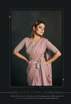 Coral Organza Silk Crepe Cord Sequence & Thread Embroidered & Stone Work Saree - Moh-Manthan Royal Enigma | Grocsy