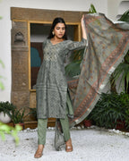 Vaasva Women's Chanderi Printed Suit Set With Pant And Printed Dupatta | Grocsy