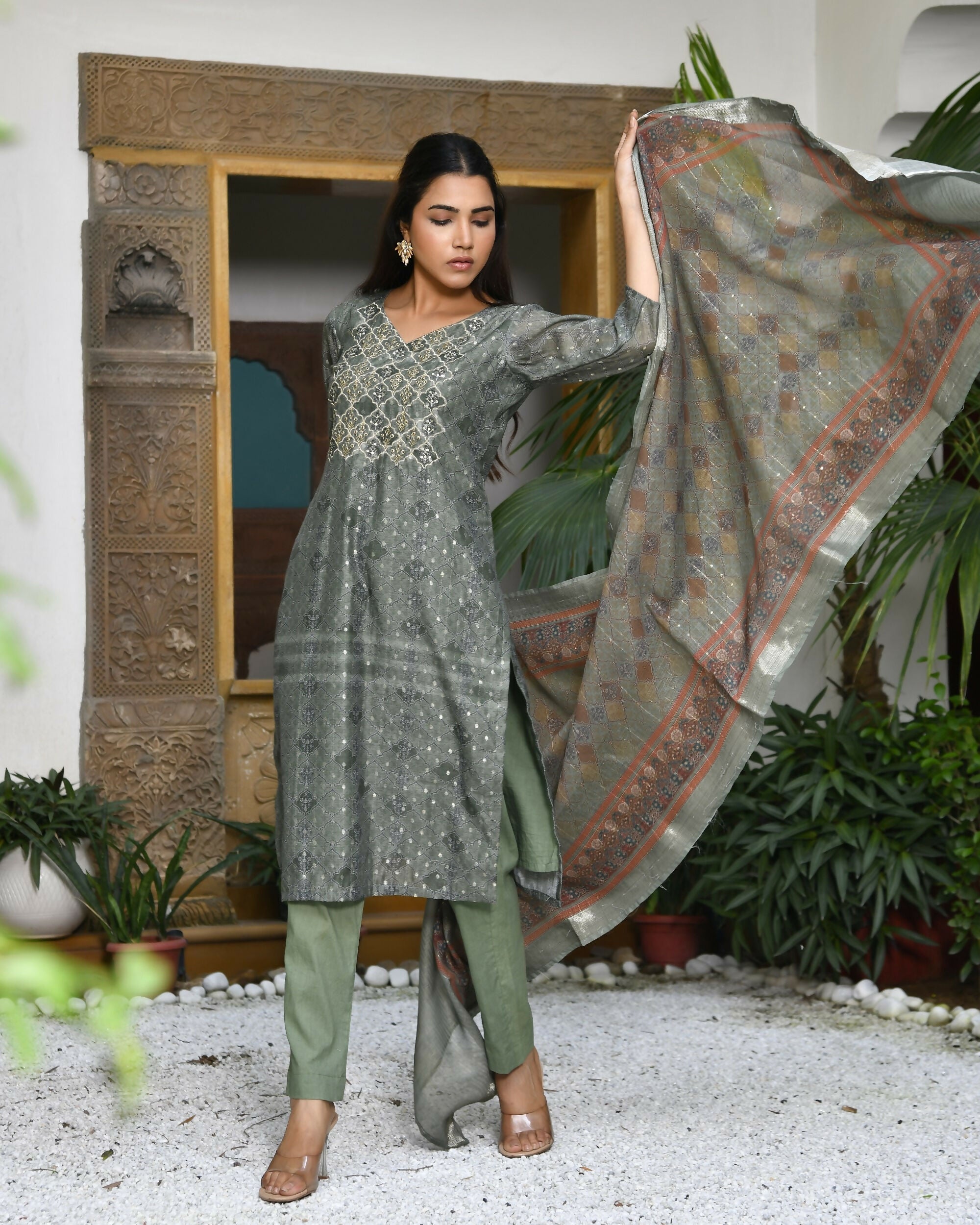 Vaasva Women's Chanderi Printed Suit Set With Pant And Printed Dupatta | Grocsy