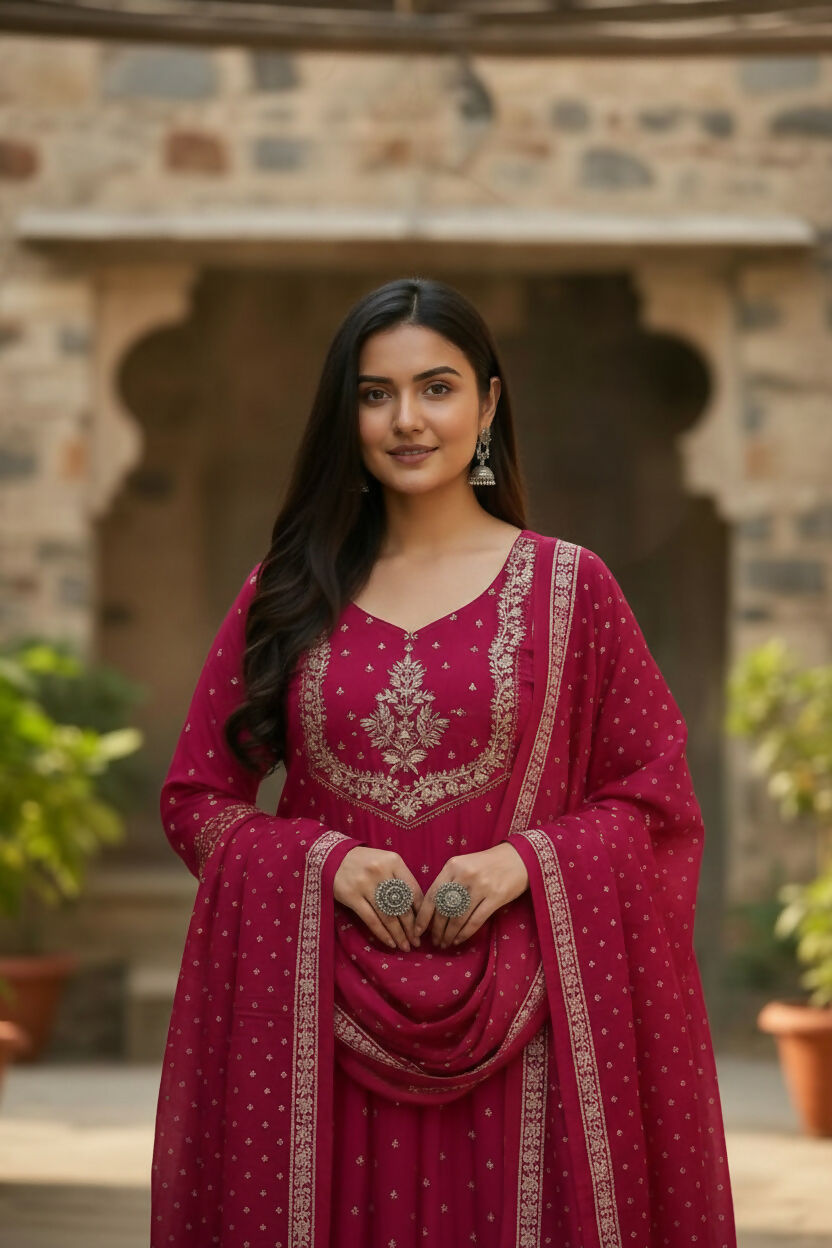The52 Women's Beautiful Cotton Fabric Embroidery Work Flared Anarkali Pant and Dupatta Set | Grocsy
