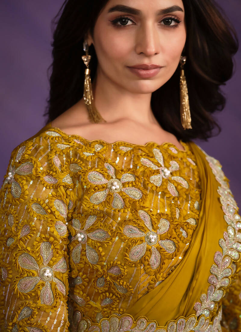 Mustard Crepe Satin Silk Embroidered Saree With Stitched Blouse - Mohmanthan Exotica | Grocsy
