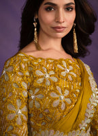 Mustard Crepe Satin Silk Embroidered Saree With Stitched Blouse - Mohmanthan Exotica | Grocsy