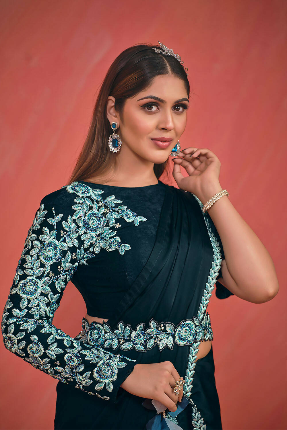Dark Teal Crepe Silk Satin Thread & Stone with Kardana work Saree With Stitched Blouse - Mohmanthan Elegancia | Grocsy