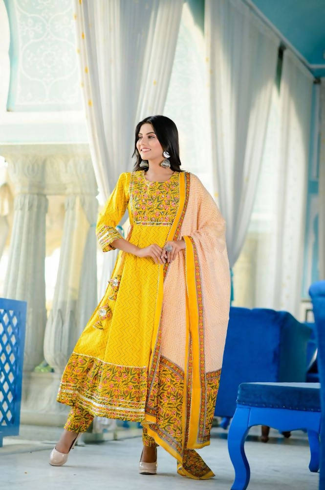 Yufta Women Yellow Handblock Anarkali Kurta with Trouser & Dupatta | Grocsy