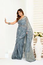 Vastranavya Sea Blue Digital Printed Linen Ready To Wear Designer Saree with Unstitched Blouse | Grocsy