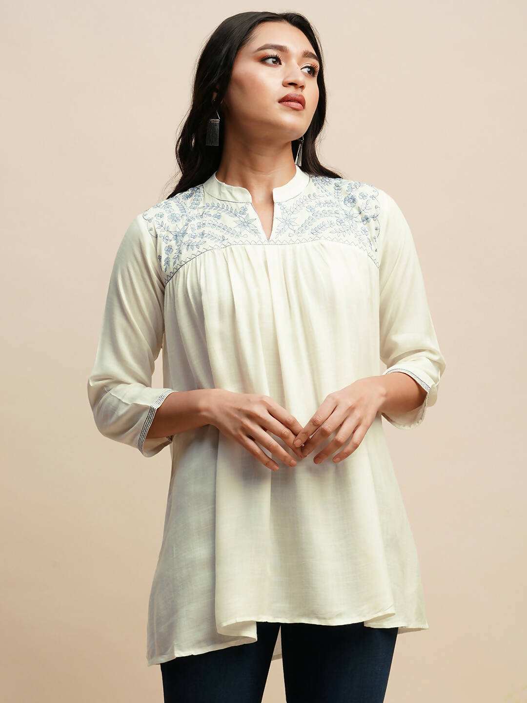 White Rayon Embroidered Top - Tarini | Grocsy