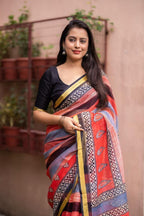 Red Silk Blend Geometric Saree with Unstitched Blouse - Hiral Fashion | Grocsy