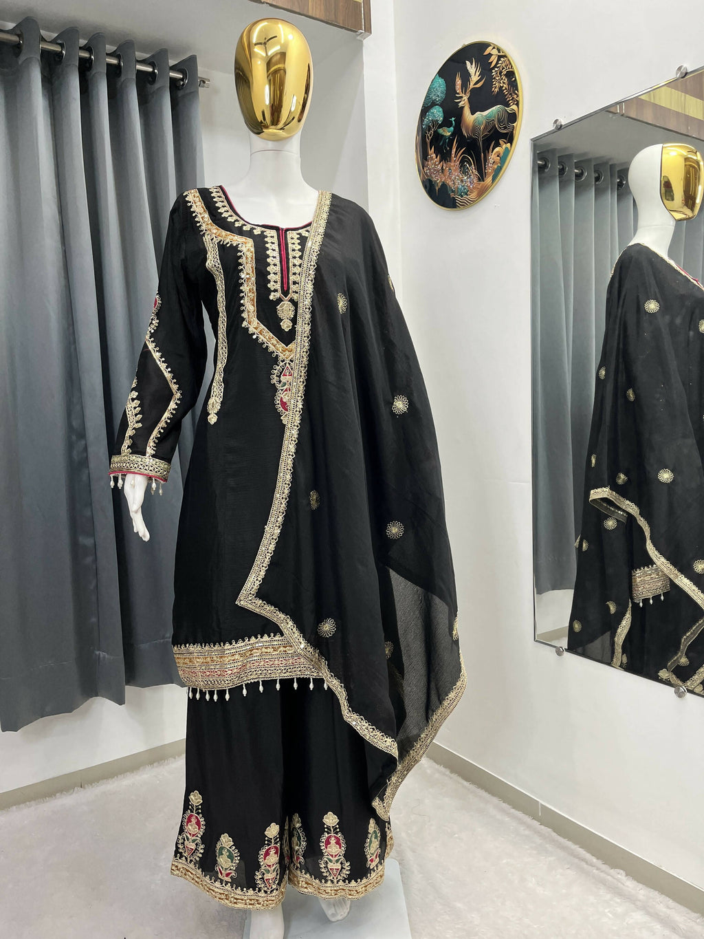 Teeya Creation Black Color Chinon Silk Party Wear Trending Palazzo Set | Grocsy