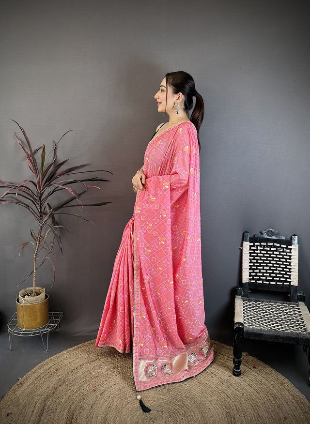 Elora Pink Vichitra Silk Animal Motifs Foil Print Sequence & Zari Embroidery Work Bandhani Saree | Grocsy