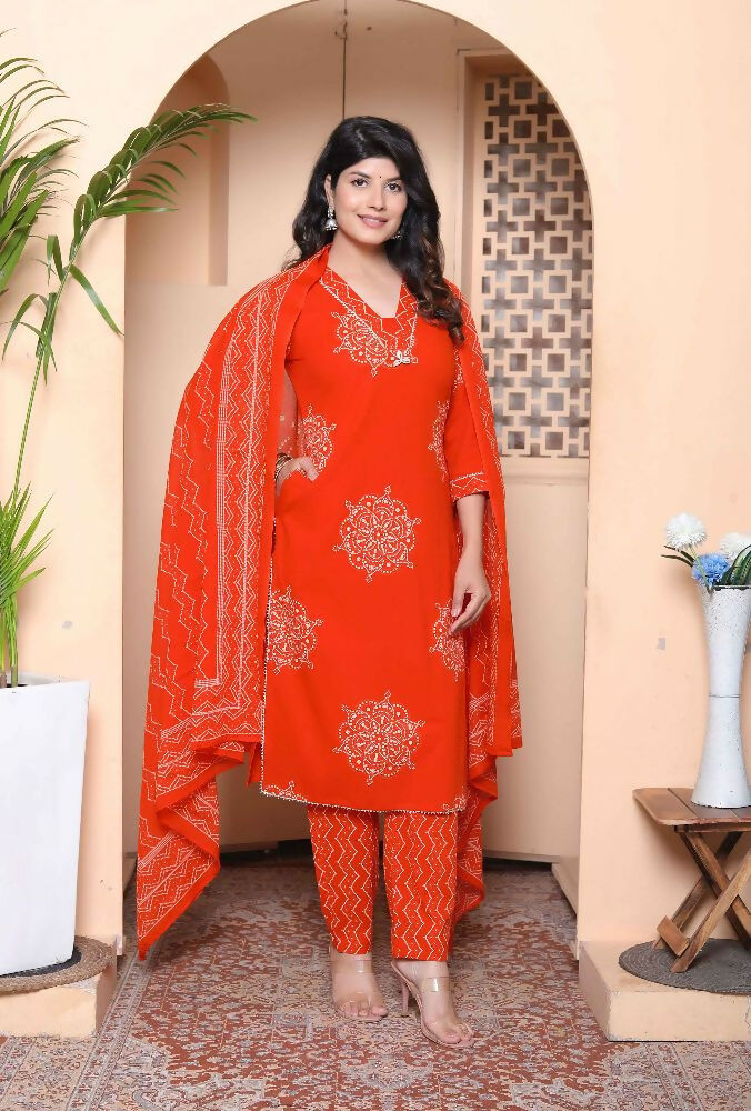 Miravan Womens Floral Printed Straight Fit Kurta With Palazzo And Dupatta - Orange | Grocsy