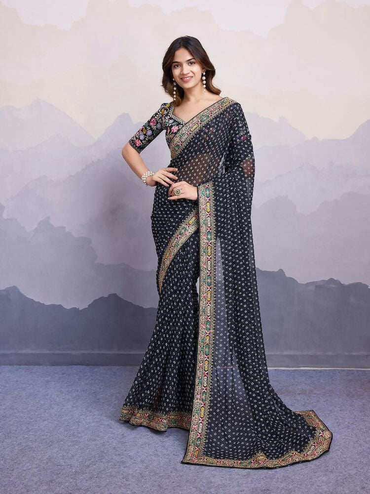 Black Georgette Bandhani Printed,Embroidery Work Saree - Surkhi | Grocsy