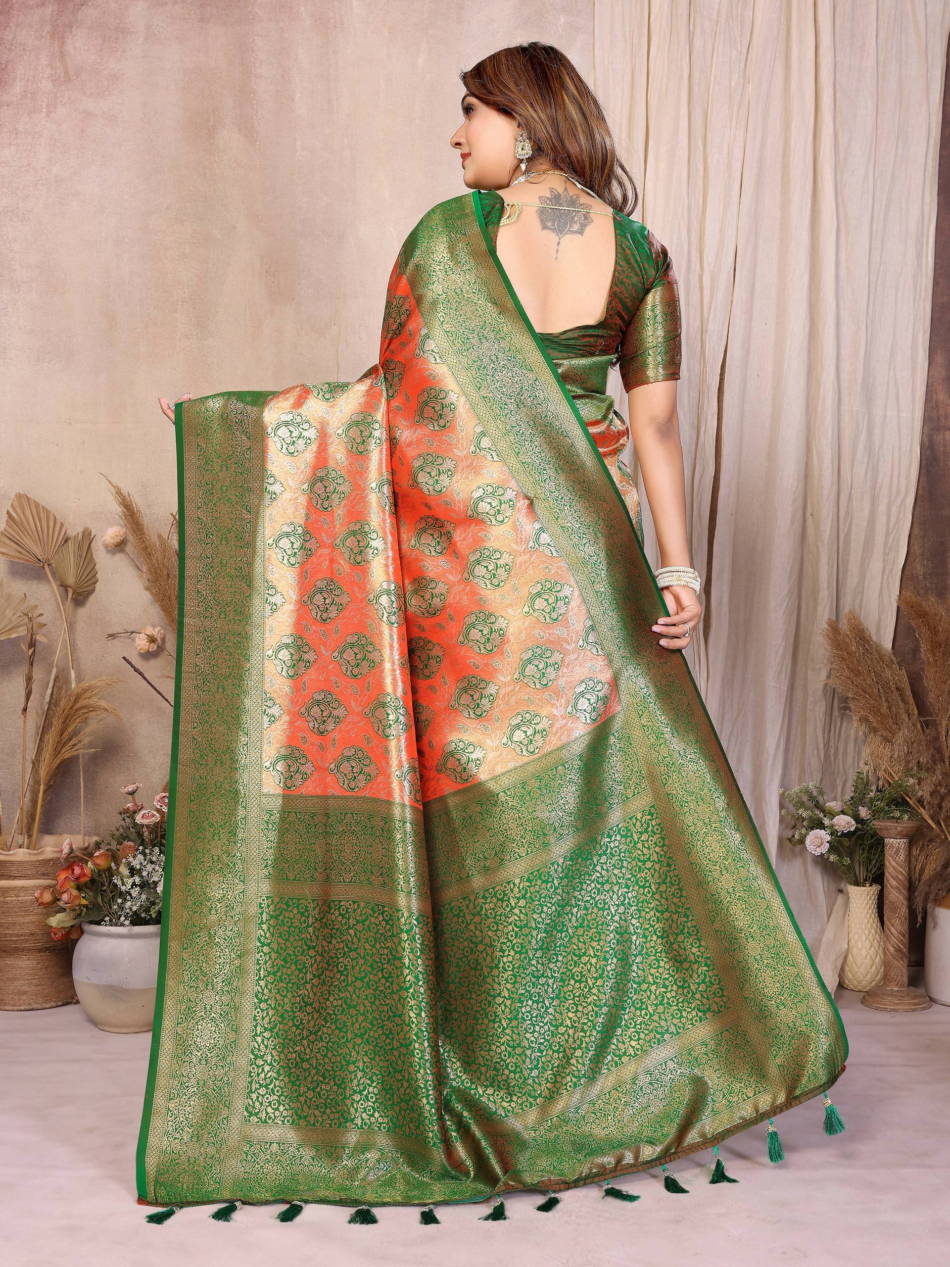 Aastha Fashion Red Banarasi Tissue Silk Weaving Saree | Grocsy
