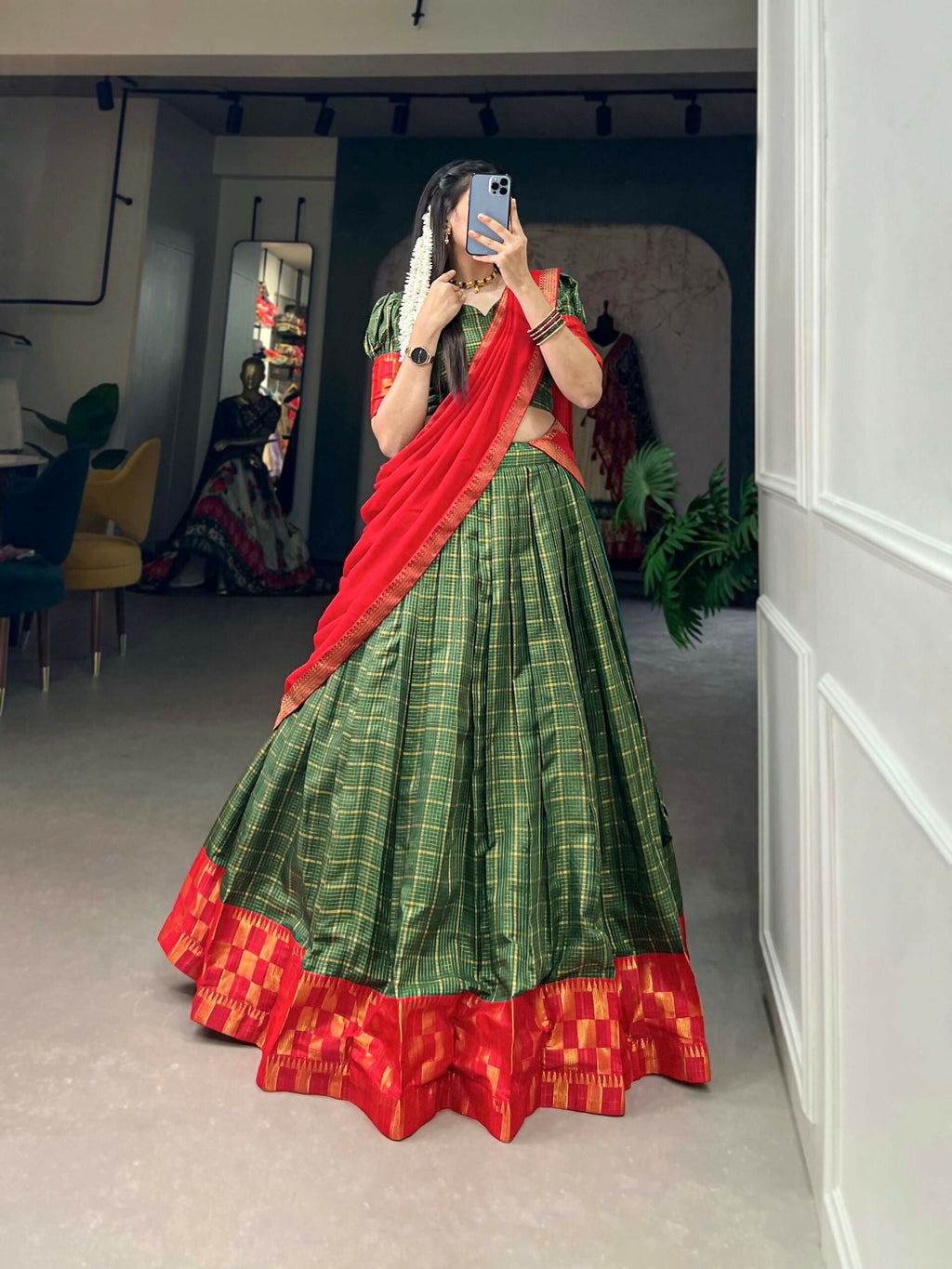 Vastranavya South Indian Style Lehenga Choli - Green | Grocsy