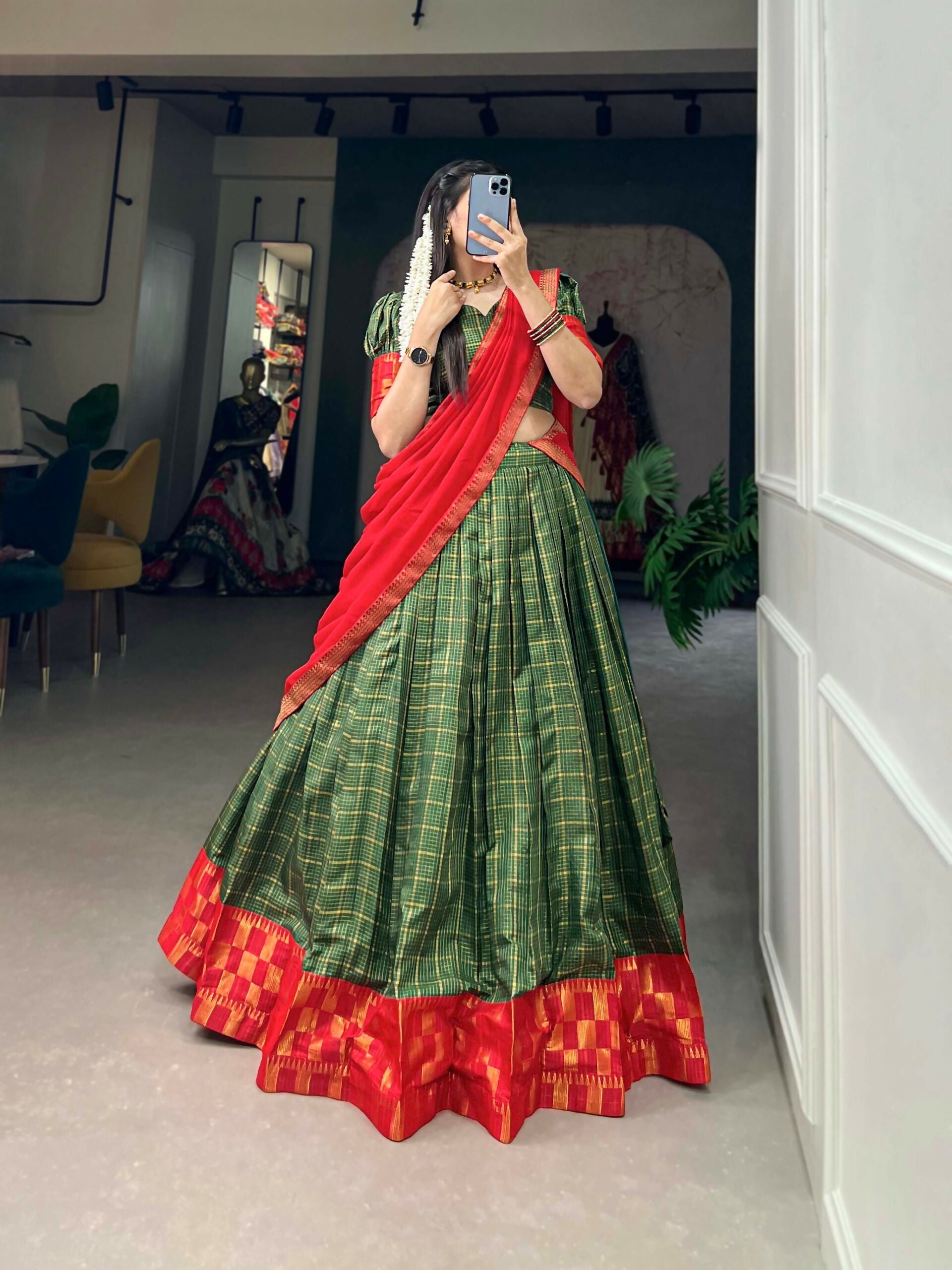 Vastranavya South Indian Style Lehenga Choli - Green | Grocsy