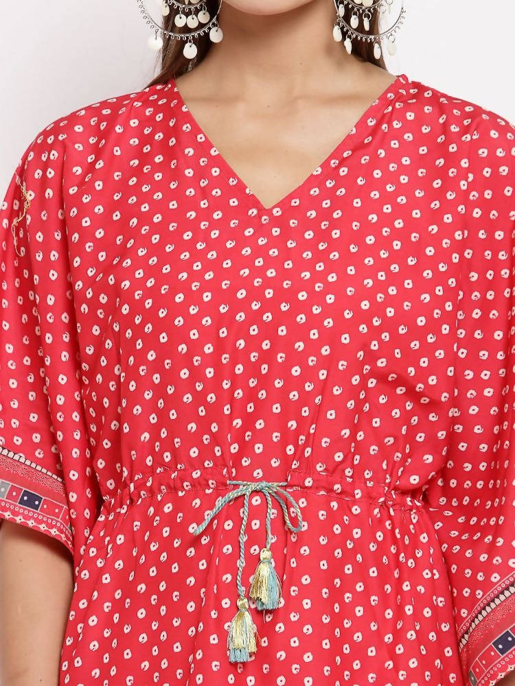Myshka Women's Red Cotton Printed 3/4 Sleeve V Neck Casual Kaftan | Grocsy
