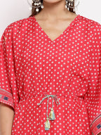 Myshka Women's Red Cotton Printed 3/4 Sleeve V Neck Casual Kaftan | Grocsy