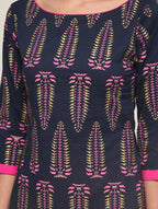 Cheera Hand Block Print Navy Straight Kurta (MAAI-068K) | Grocsy