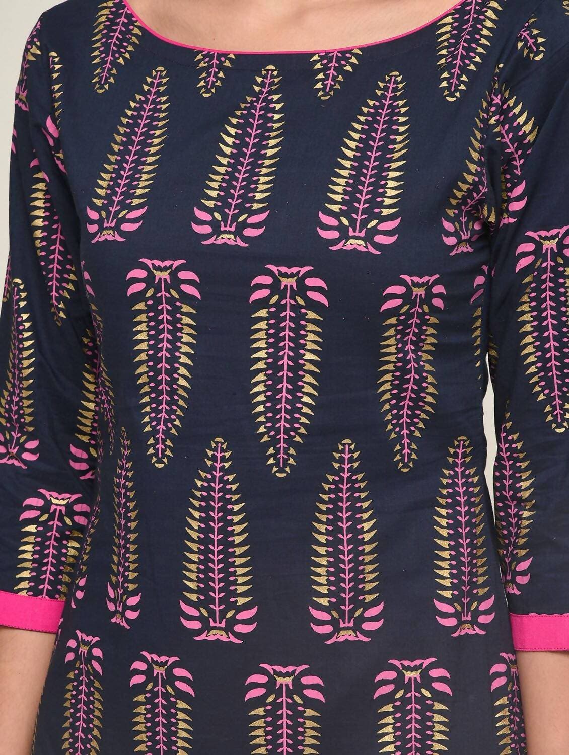 Cheera Hand Block Print Navy Straight Kurta (MAAI-068K) | Grocsy