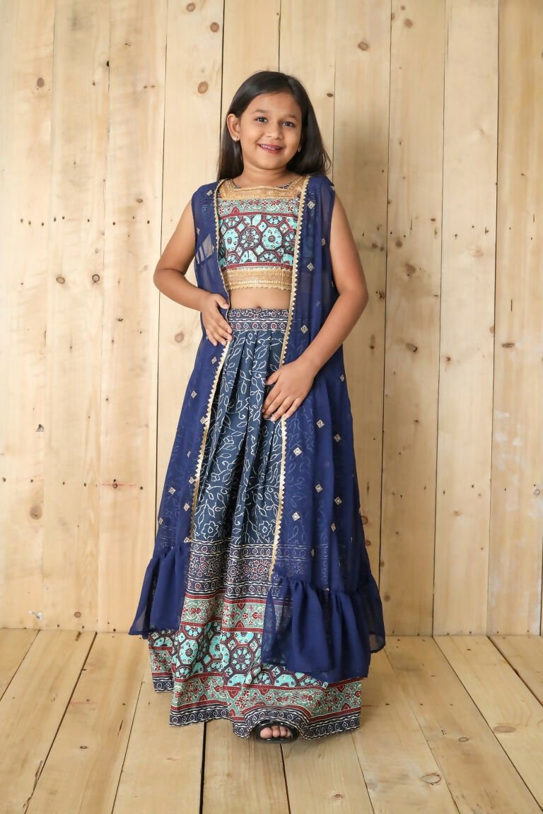 Aayaa Designer Printed Silk Embroidery Kids Lehenga Choli - Blue | Grocsy