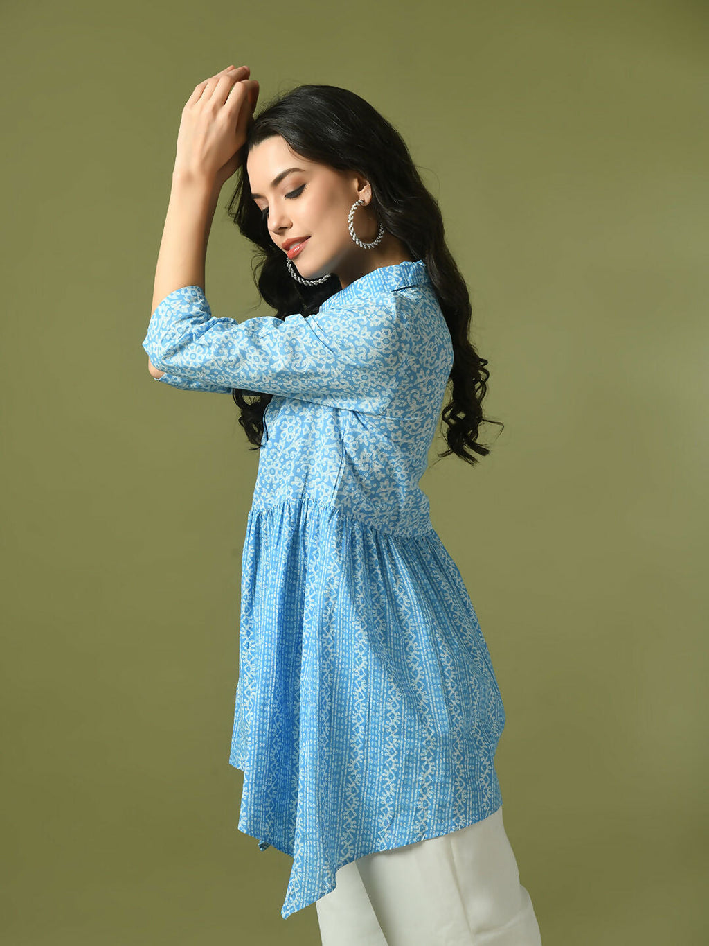 Myshka Women's Blue Embellished Cotton Gathered Party Empire Top | Grocsy
