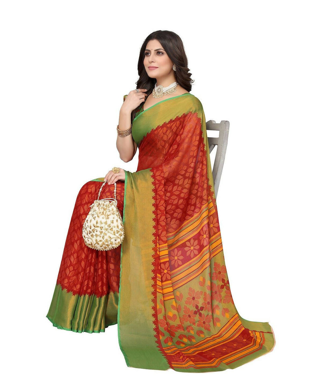 Vamika Red Chiffon Brasso Bollywood Style Woven Saree (ALIZA RED) | Grocsy